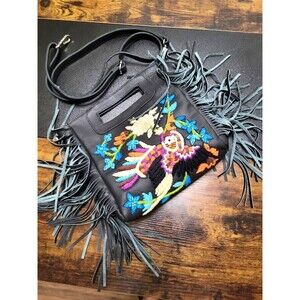 Raj LA Embroidered Fringed Black Leather Boho Chic Crossbody Bag